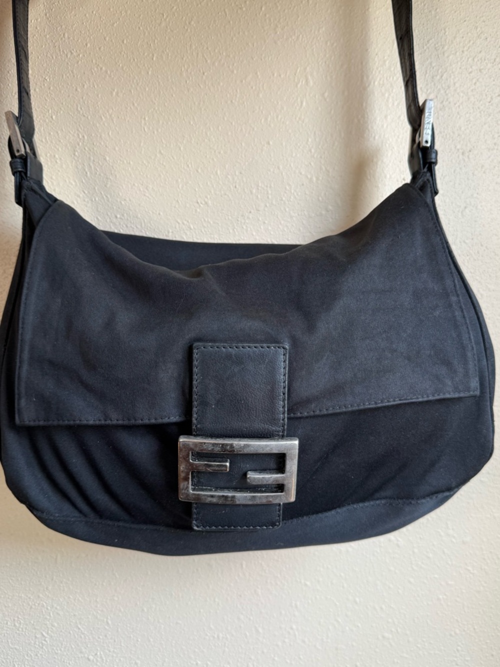 FENDI Mamma Baguette Shoulder bag FF Logo Handbag Black Cotton Leather Auth 755